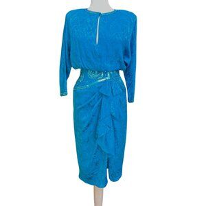 Vtg A J Barre 6 Blue Silk Dress Sequin Bow Ruffle 80s Formal Event Party Glam